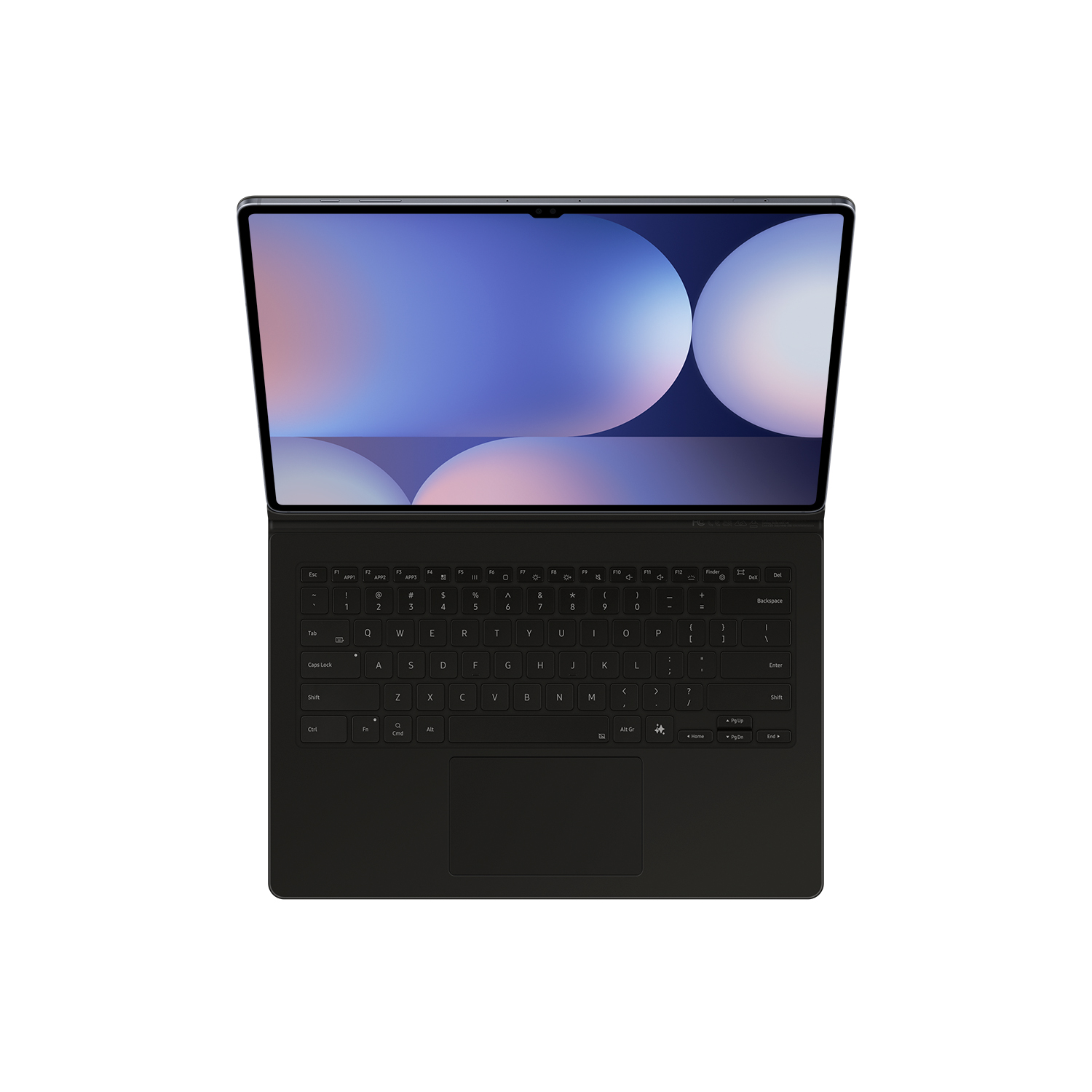 Una tableta negra con teclado adjunto, abierta sobre fondo blanco.
