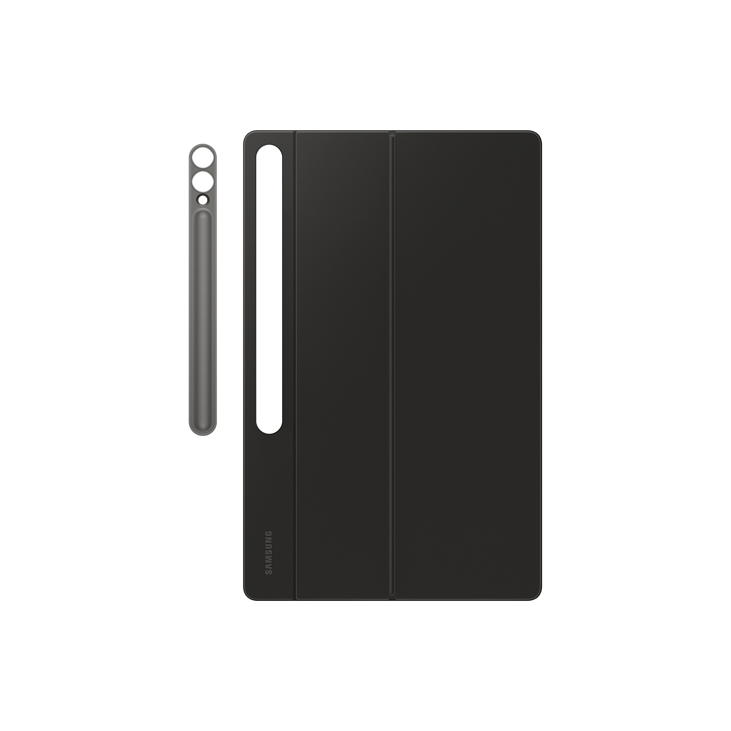 Funda y lápiz táctil negros para tableta sobre fondo blanco.