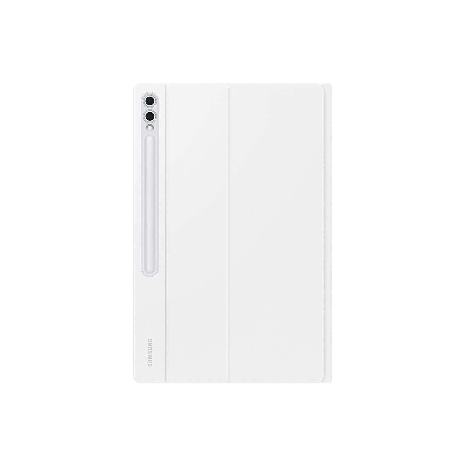 Una tableta blanca con lápiz y funda. La tableta tiene una cámara y el logotipo de Samsung. La funda está plegada.