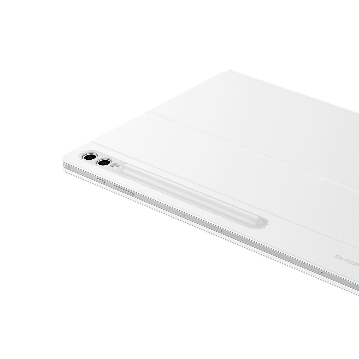 Una tableta blanca con un lápiz. La tableta está en ángulo, mostrando la cámara, botones y la palabra SAMSUNG. El fondo es blanco.