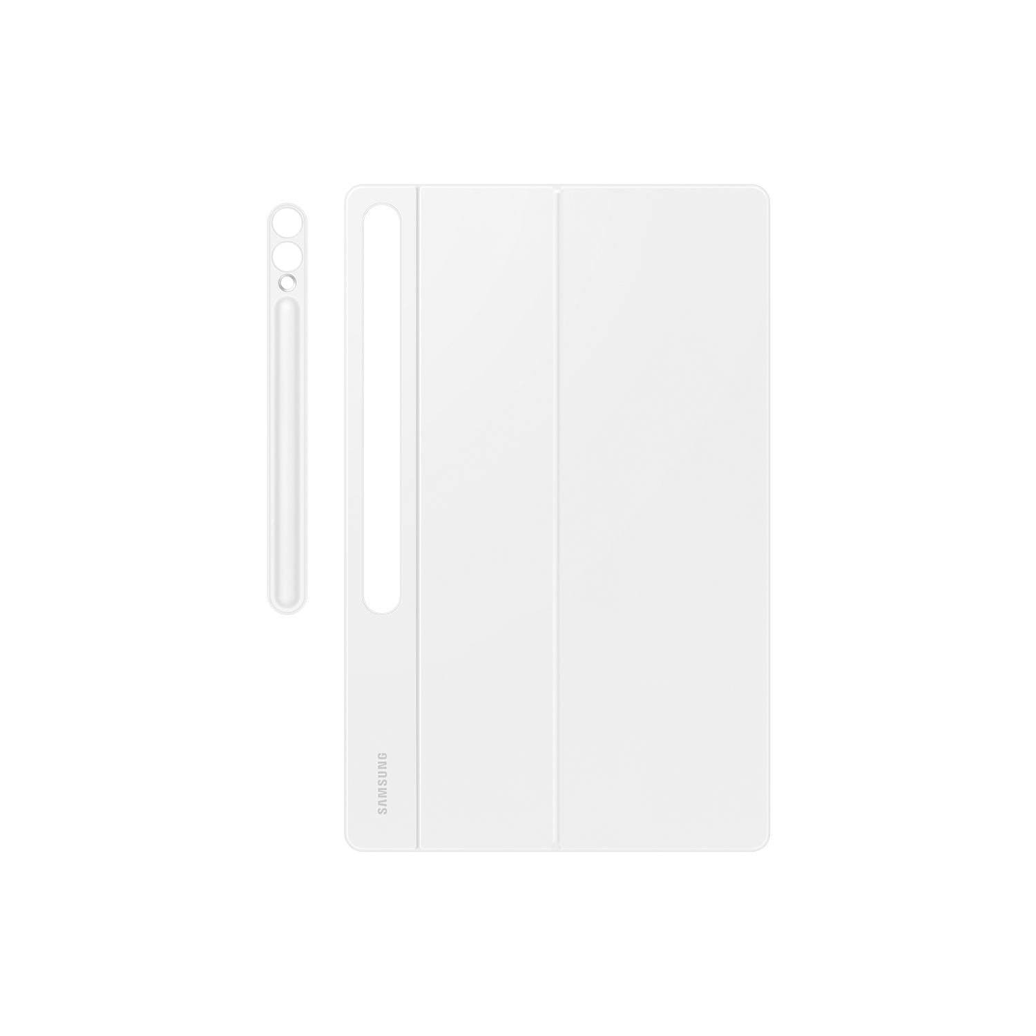 Una funda y un lápiz blanco para tableta sobre un fondo blanco. La funda está plegada, y el lápiz a la izquierda.