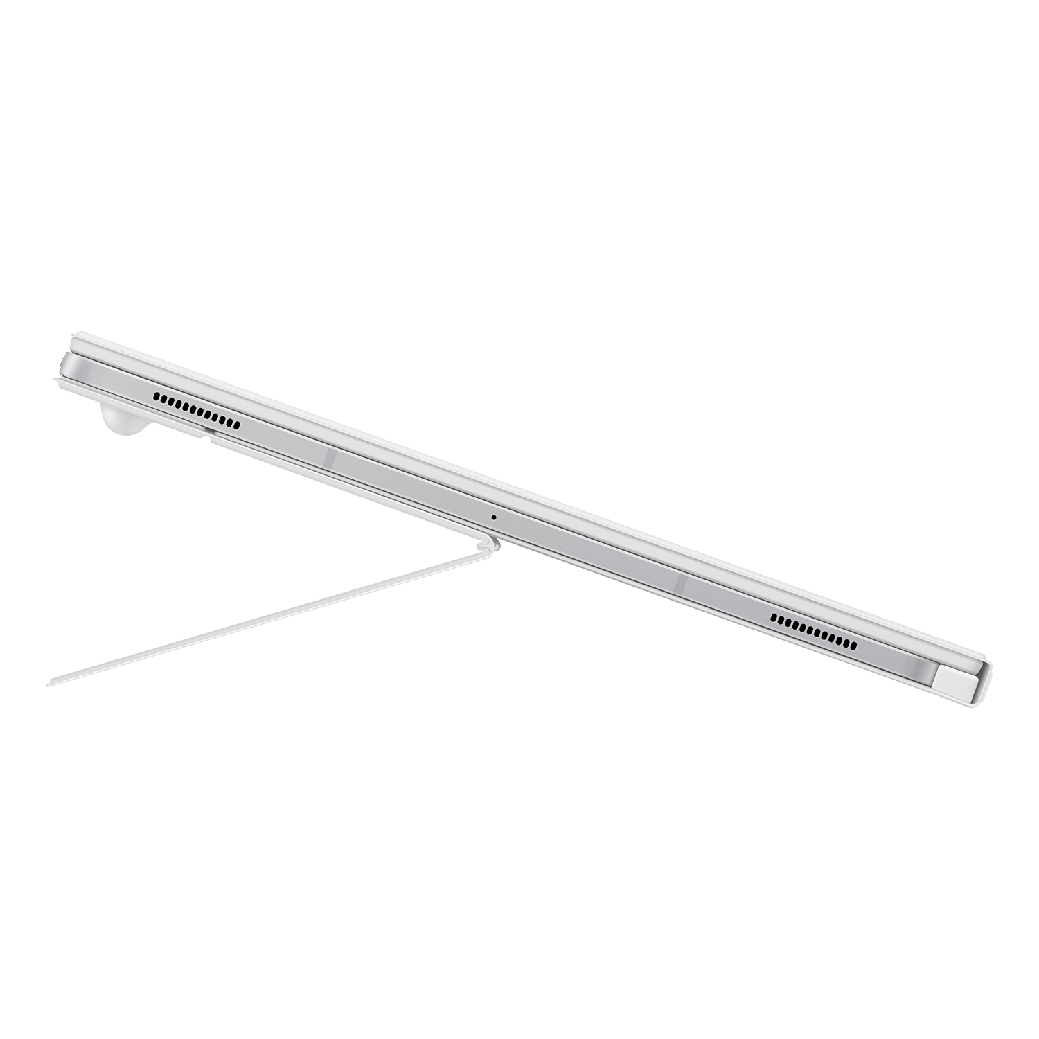 Una tableta plateada con un soporte blanco está en ángulo. La tableta tiene orificios para altavoces y una cámara pequeña. Fondo blanco.