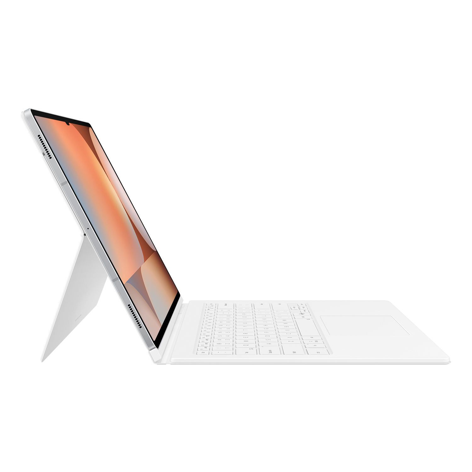 Una tableta blanca con teclado está apoyada. La pantalla muestra un degradado naranja. La configuración está sobre una superficie blanca.