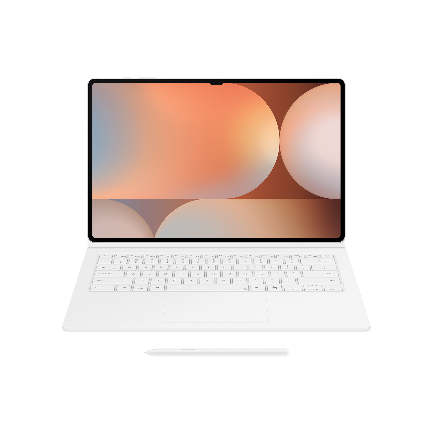 Un portátil blanco con teclado y lápiz a juego. La pantalla muestra un diseño abstracto naranja y blanco.