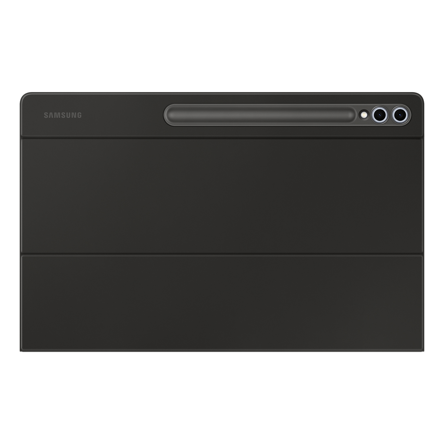 Funda de tableta negra, cerrada, con logotipo de Samsung y ranura para cámara/lápiz.