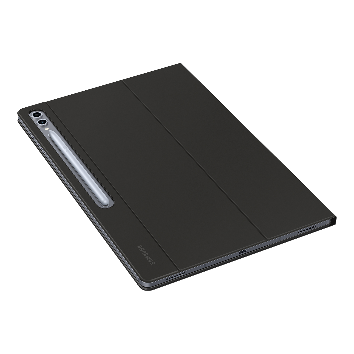 Una tableta negra con un lápiz óptico. La tableta está en una funda cerrada. El logotipo de Samsung es visible.