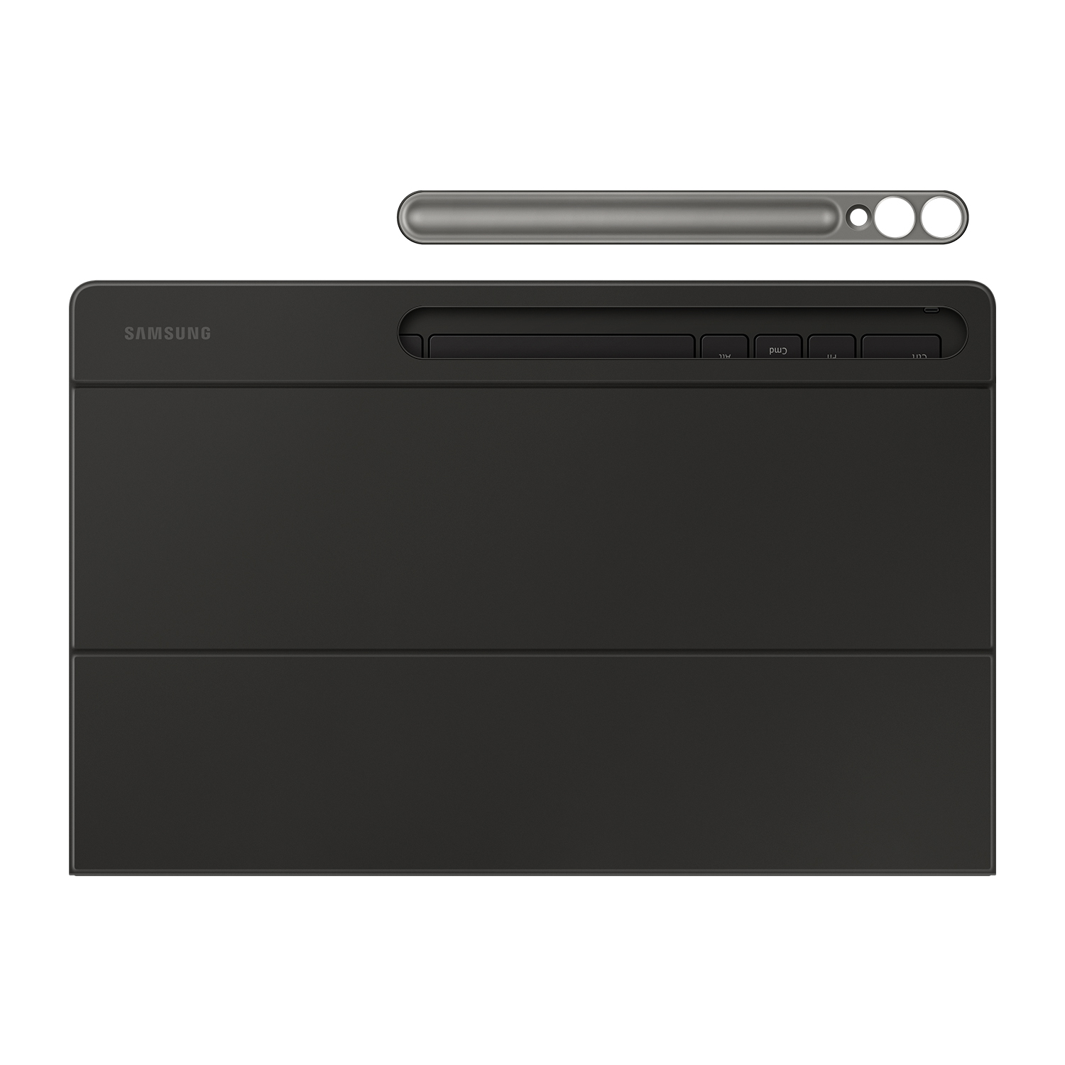 Tableta negra con funda de teclado y soporte magnético para lápiz. Logotipo Samsung.
