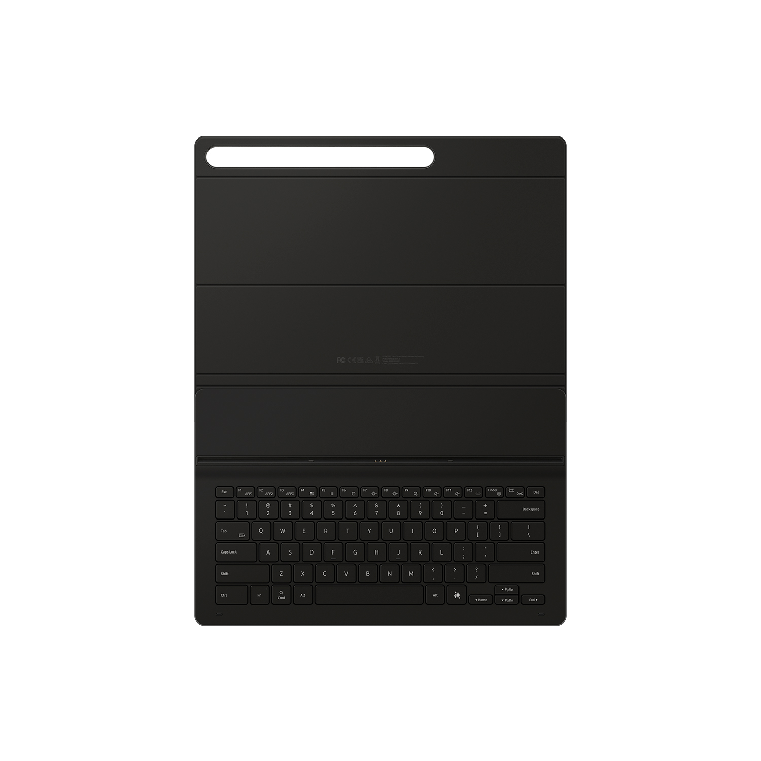 Teclado de tableta negro con teclas y barra superior blanca, abierto.