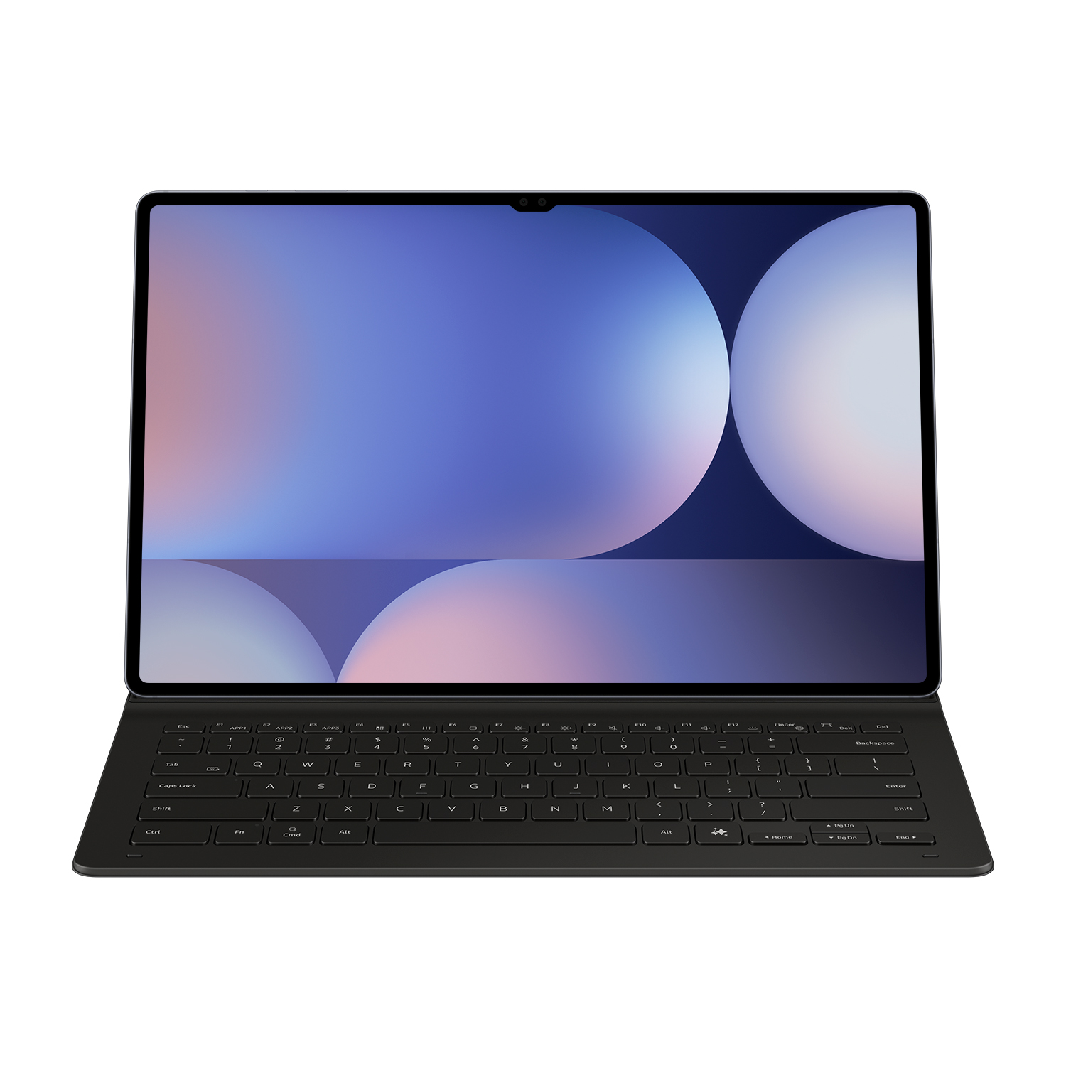 Tableta con teclado adjunto. Pantalla con gradiente borroso azul y blanco.