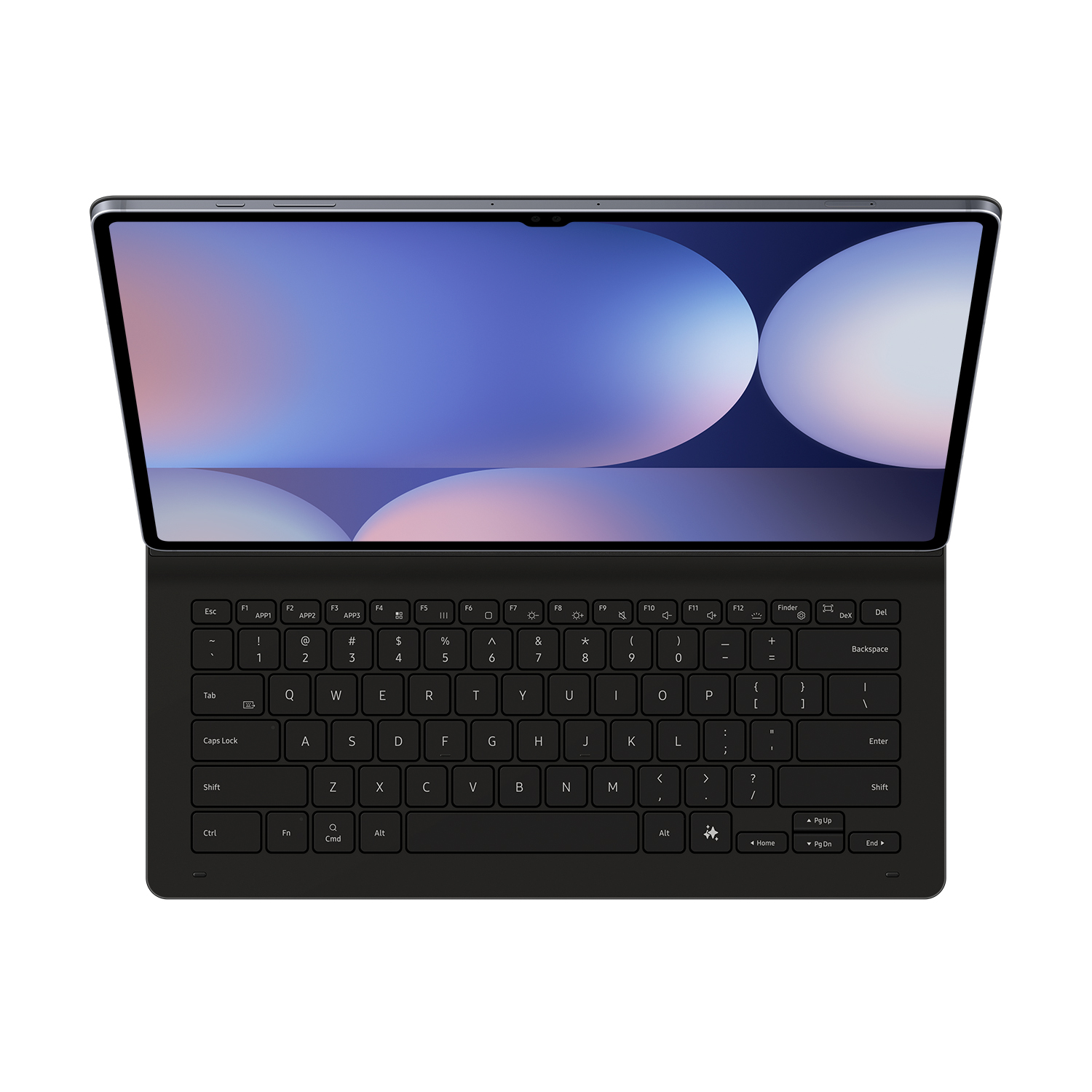 Una tableta con teclado adjunto, mostrando una pantalla con un fondo.