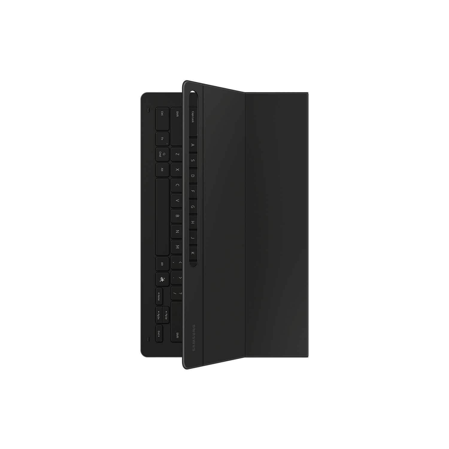 Funda con teclado negro para una tableta. Fondo blanco.