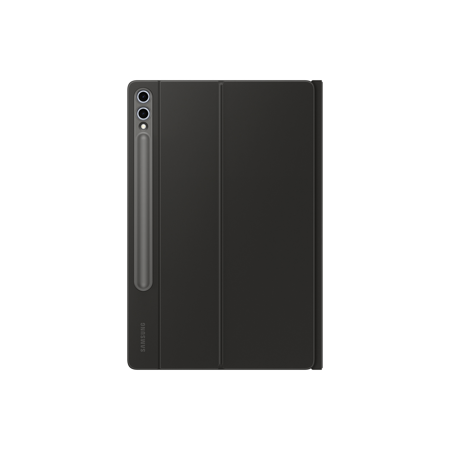 Tableta negra con funda y soporte para lápiz. Logo Samsung abajo izquierda.