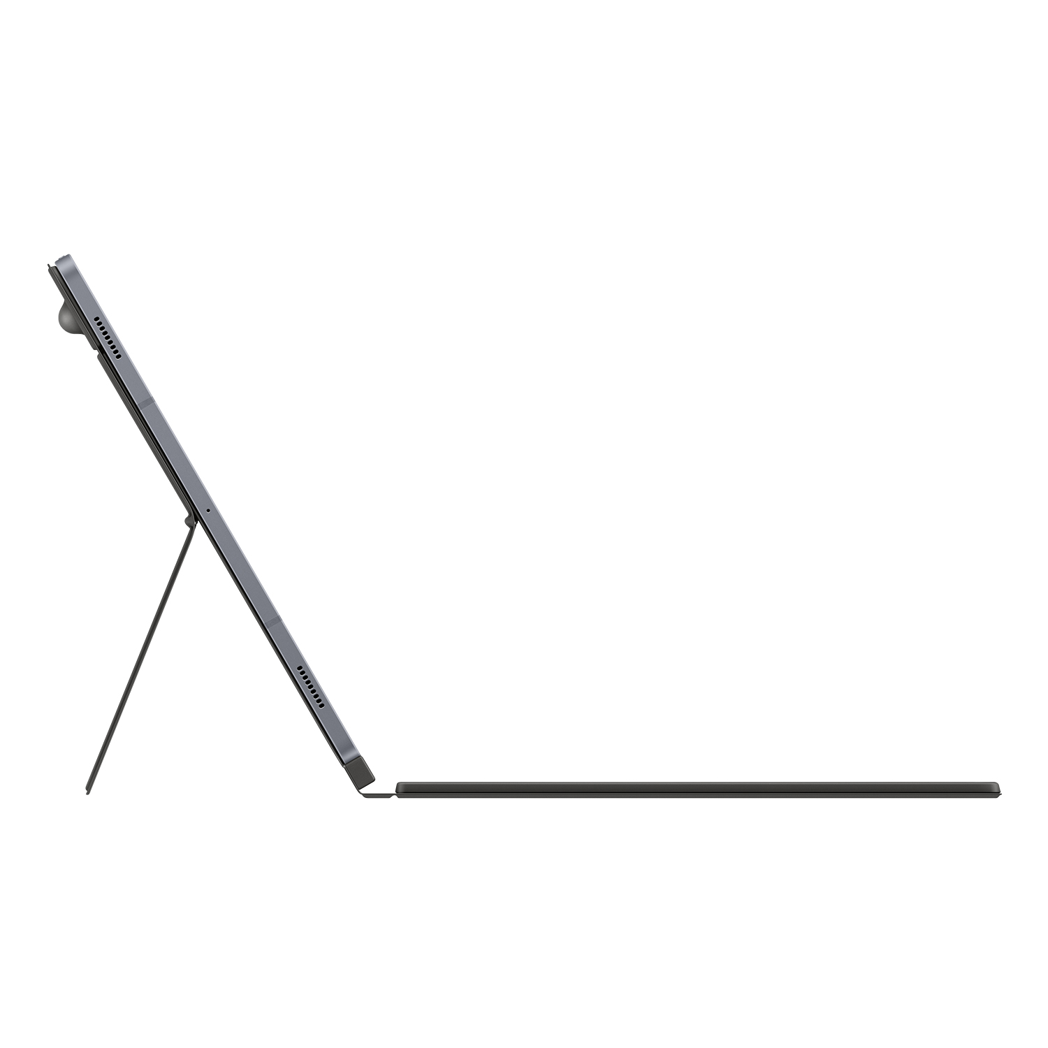 Una tableta gris con soporte y teclado sobre fondo blanco.