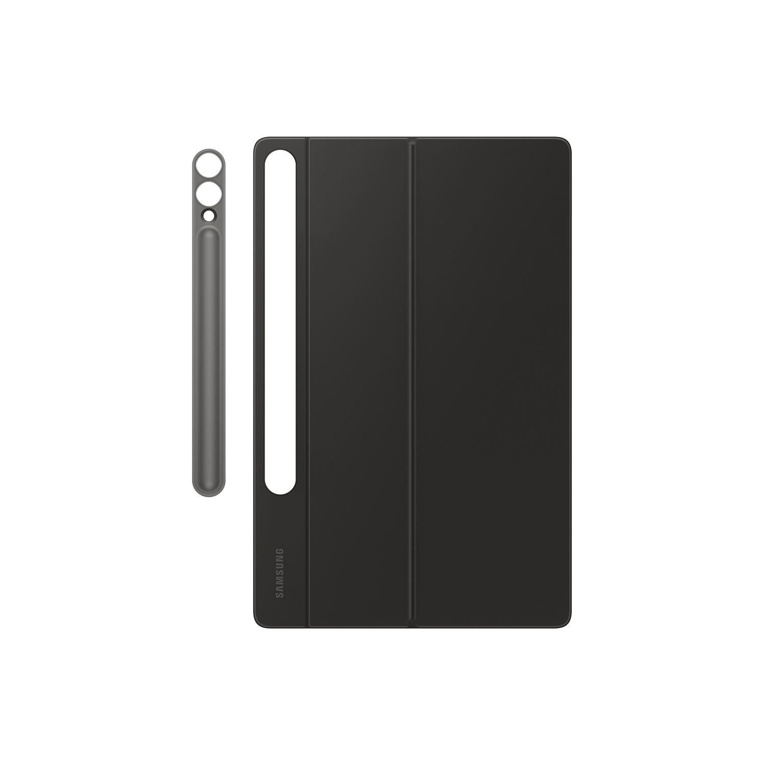 Un lápiz gris y una funda negra para tableta están uno al lado del otro.