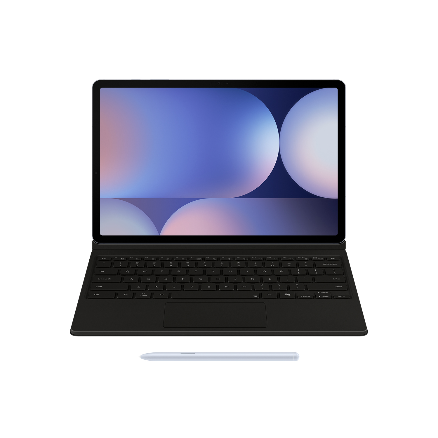 Una tableta negra con teclado y lápiz sobre fondo blanco.