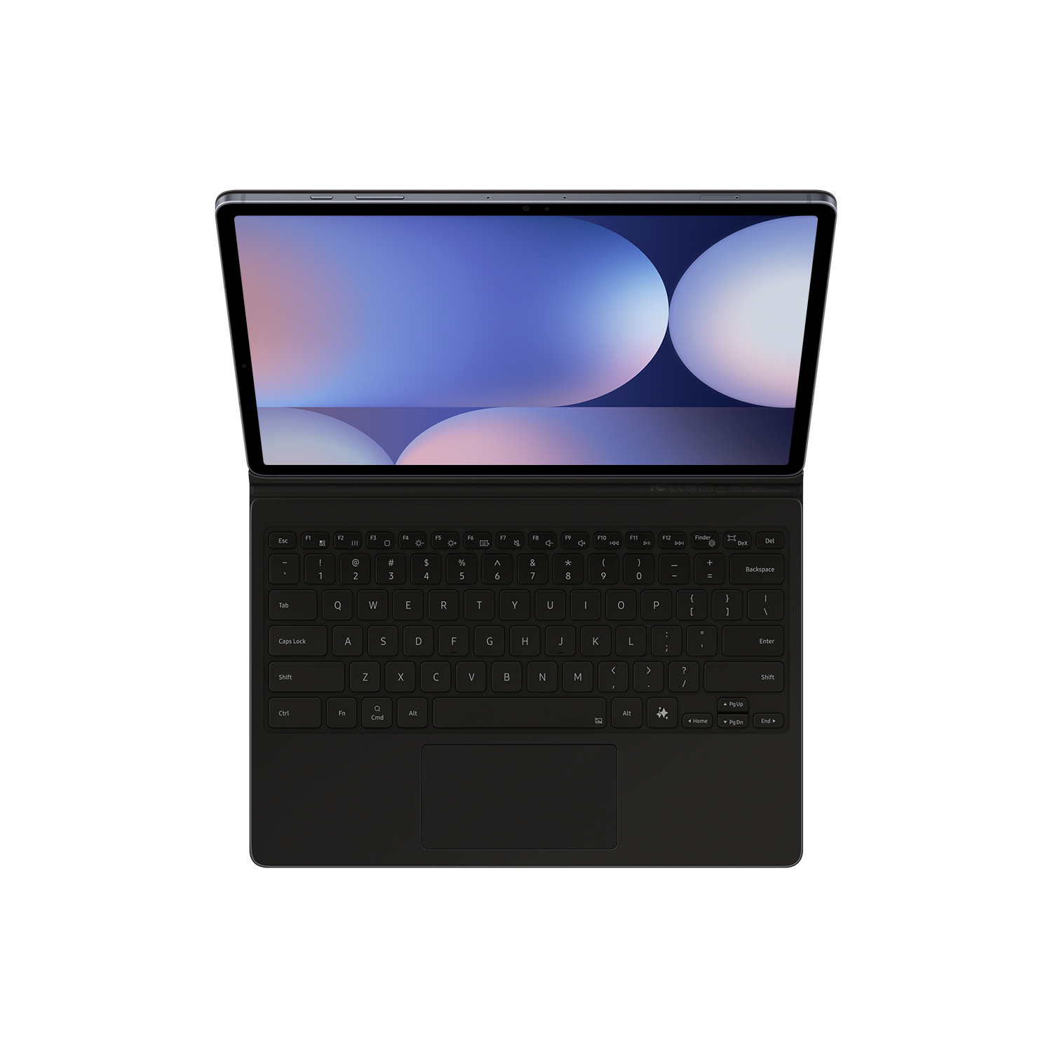 Una tableta negra con teclado acoplado, abierta sobre fondo blanco.
