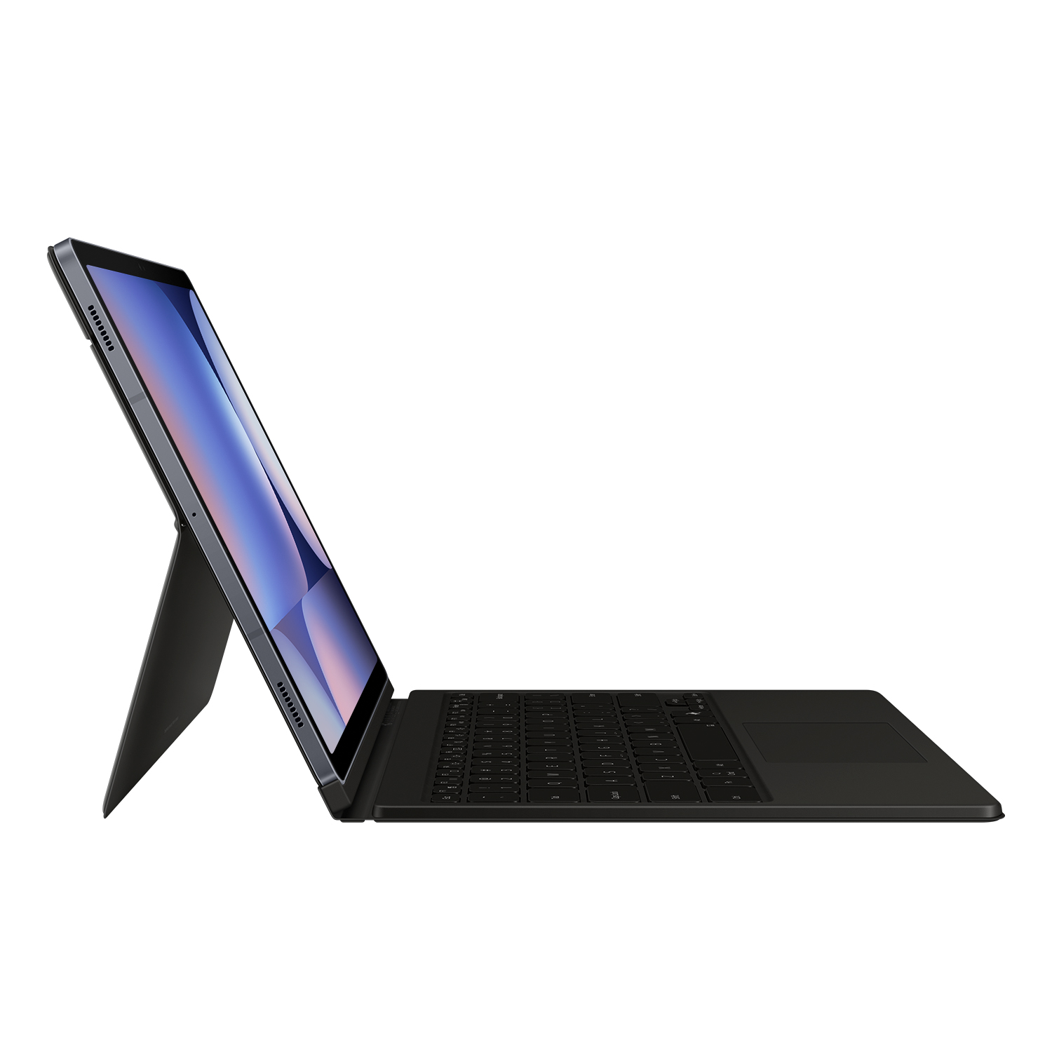 Una tableta gris con teclado y soporte negros, sobre fondo blanco.