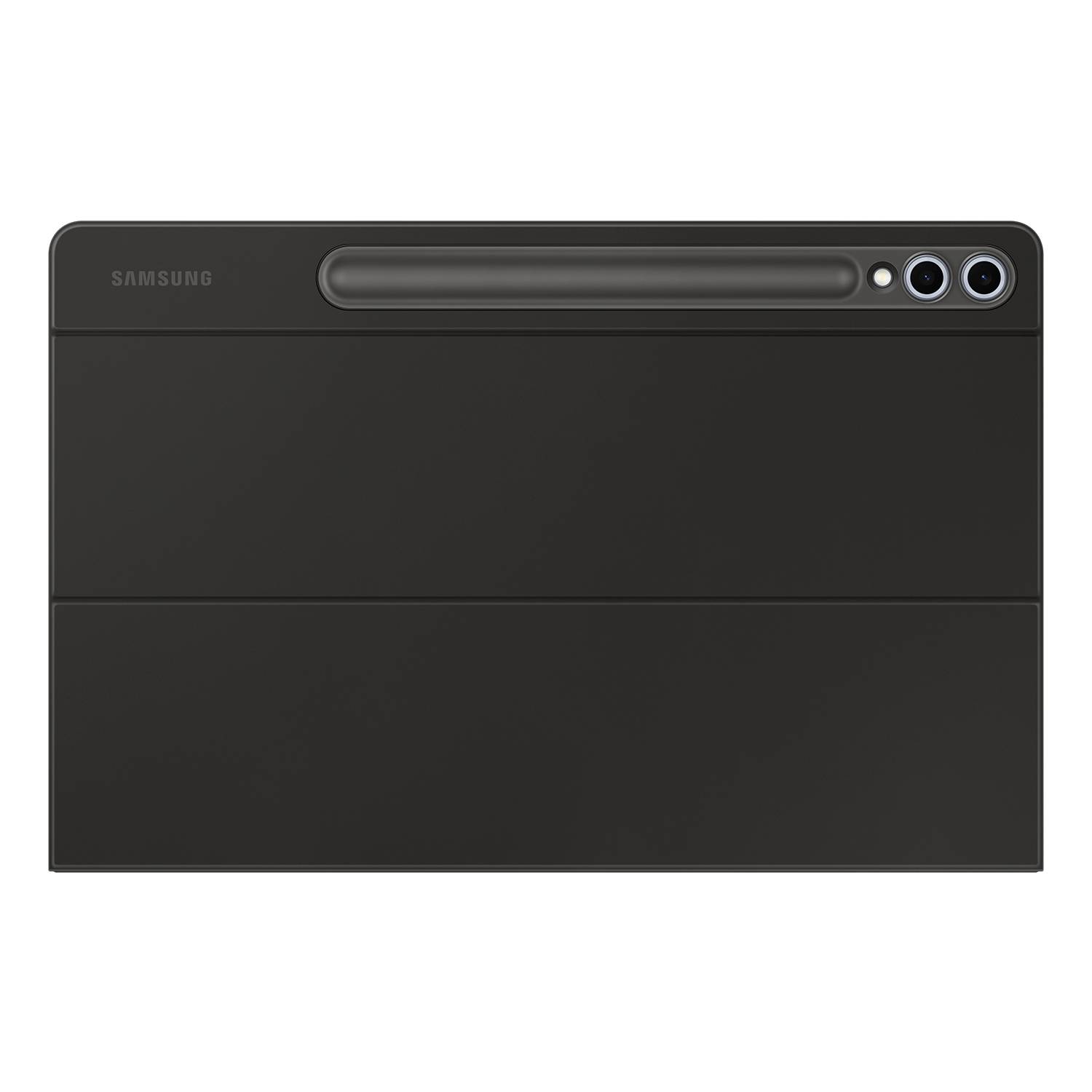 Una funda de tableta negra con ranura para bolígrafo y tres recortes para cámara.