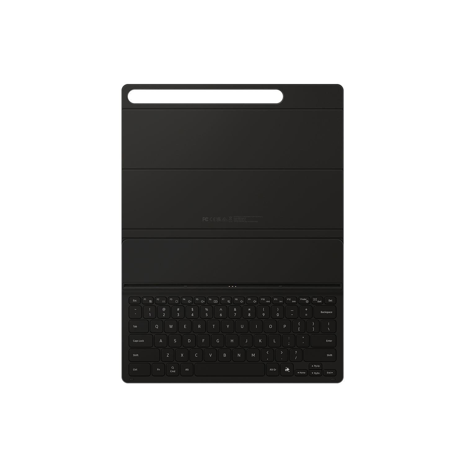 Una funda de teclado negra con una barra blanca en la parte superior, sobre fondo blanco.