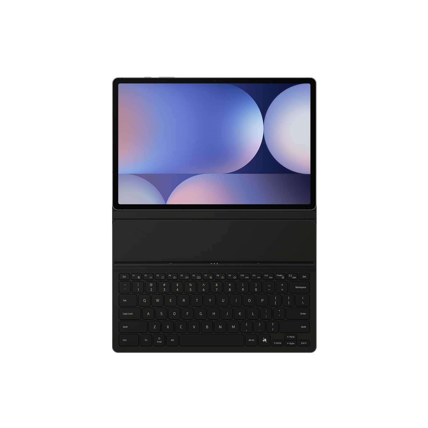 Tableta negra con teclado adjunto. Pantalla muestra un gráfico azul y blanco.