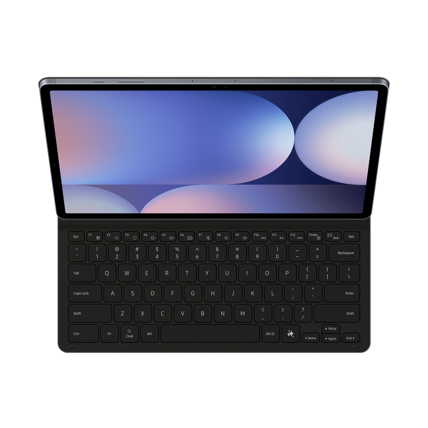 Un portátil con teclado y pantalla. El fondo muestra un degradado.