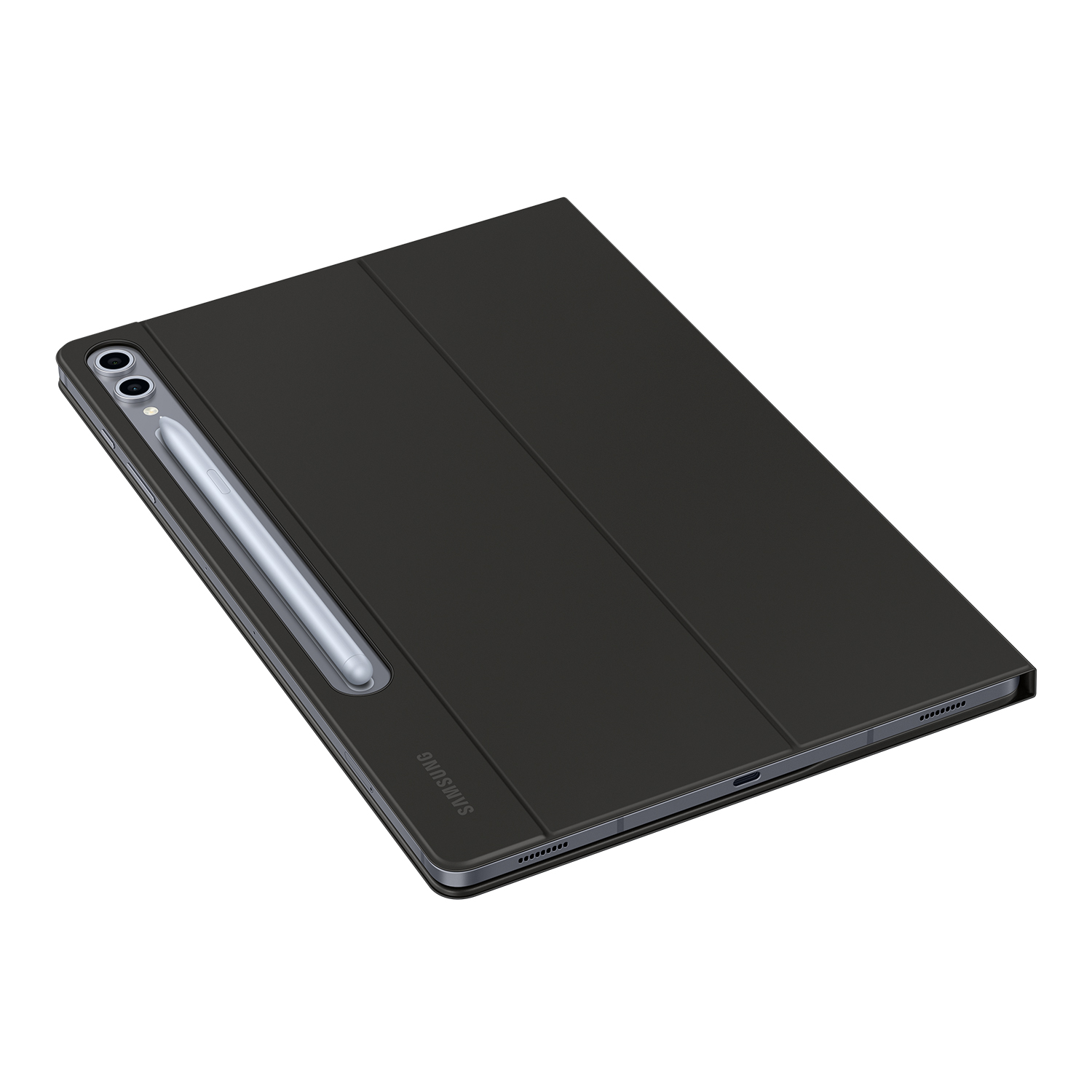 Tableta negra con una funda negra y un lápiz plateado sobre un fondo blanco.