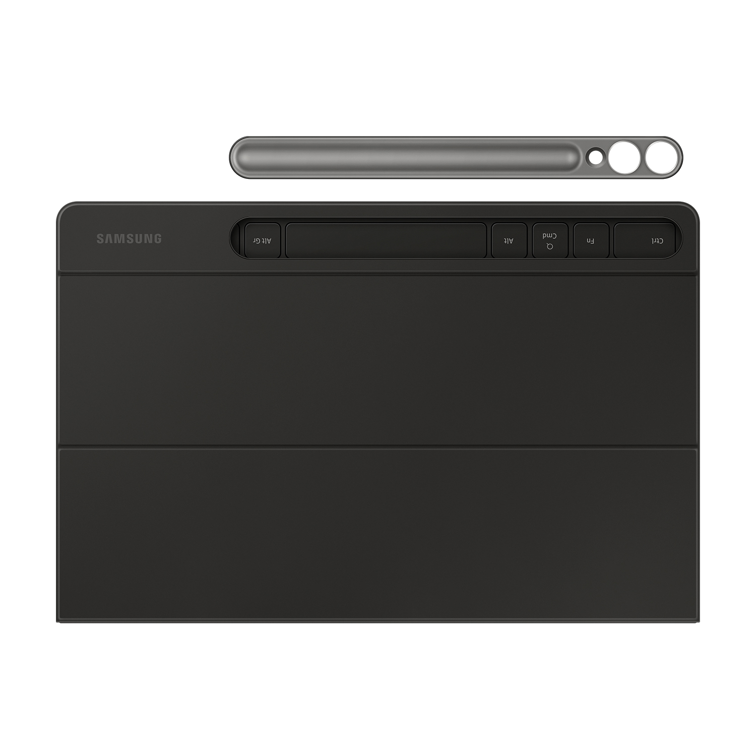 Una funda de teclado de tableta negra con una ranura para l ápiz y un lápiz extraíble.