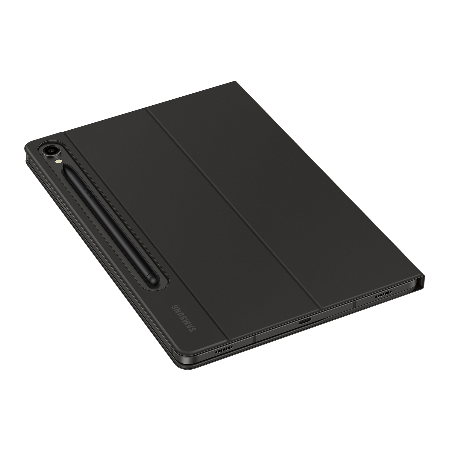 Una funda de tableta negra cerrada con un bolígrafo insertado. Logotipo de Samsung visible.