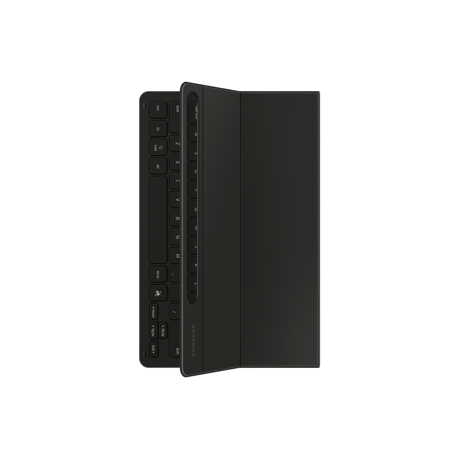 Funda de teclado de tableta negra, abierta y en ángulo.