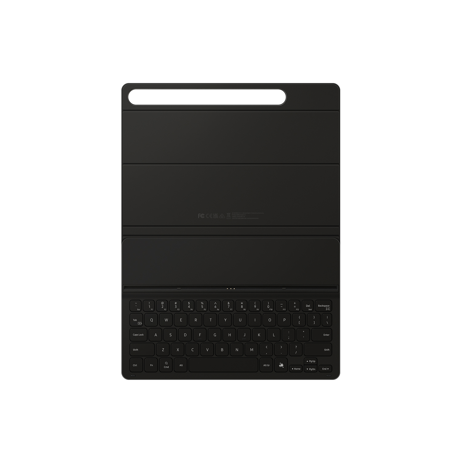 Una funda de teclado negra con una barra blanca en la parte superior, sobre fondo blanco.