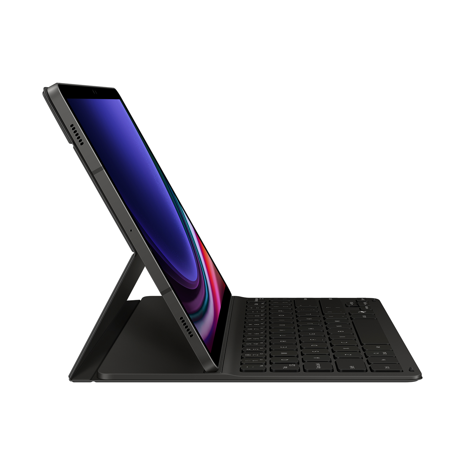 Tableta negra con funda de teclado, apoyada, mostrando la pantalla. Teclado visible.