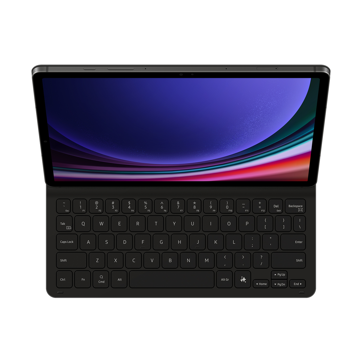 Tableta con teclado adjunto. La pantalla muestra un diseño abstracto colorido.