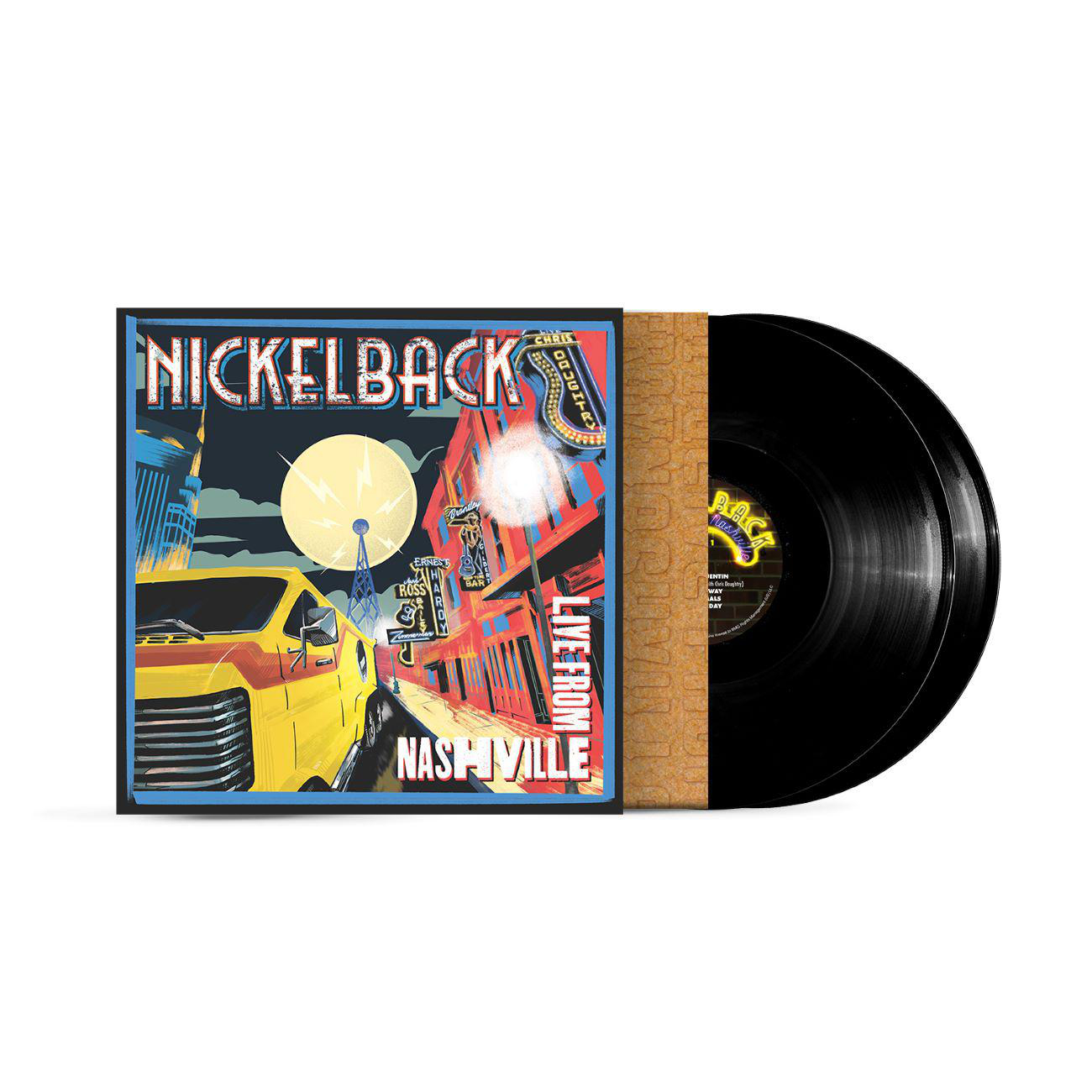Nickelback-Albumcover. Ein gelber LKW und eine Stadtstraße mit einem Schild.