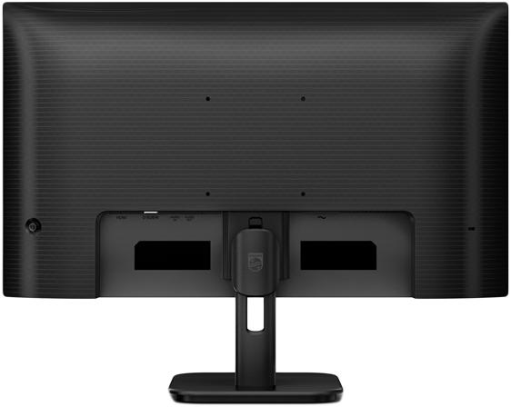 Egy fekete számítógép monitor hátulról. Van egy állványa és különböző portjai.