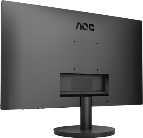 Egy fekete AOC monitor hátulnézete. Jellemzői a portok és az állvány.