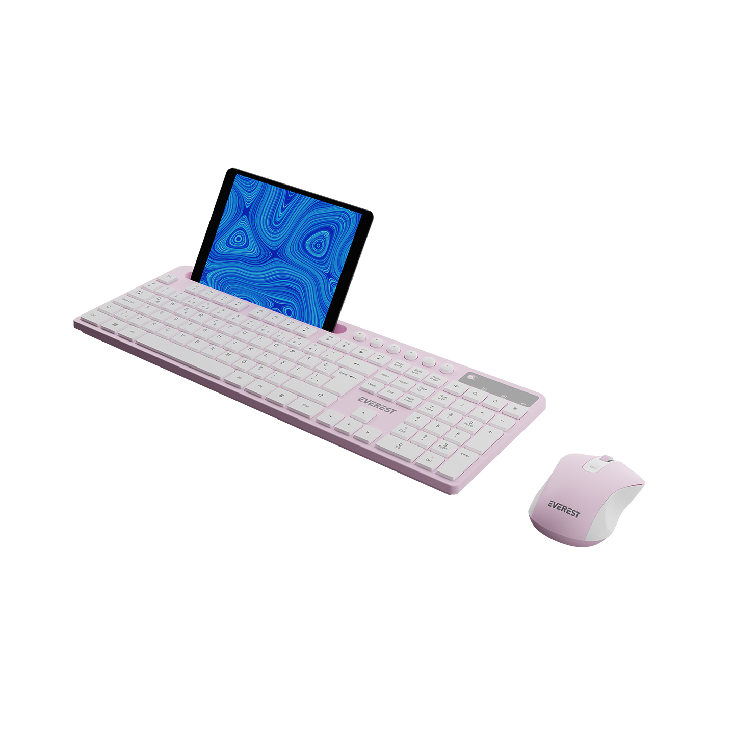 Beyaz zemin üzerinde pembe klavye, fare ve tablet. Tablette mavi girdaplar gösteriliyor.