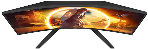 Ívelt gamer monitor, sivatagi csatajelenettel, figurákkal és épületekkel.