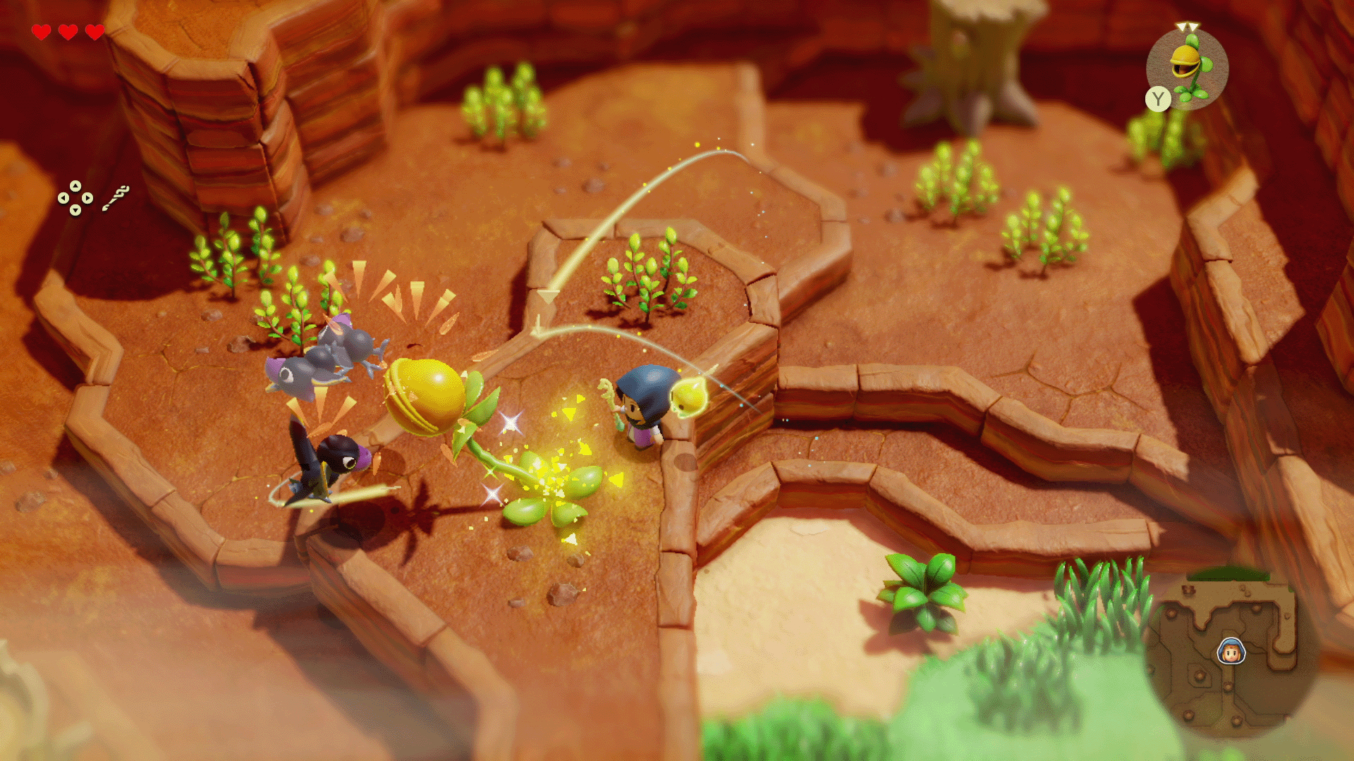 Eine Videospielszene mit einem Charakter, Feinden und Pflanzen in einer braunen, wüstenartigen Landschaft.