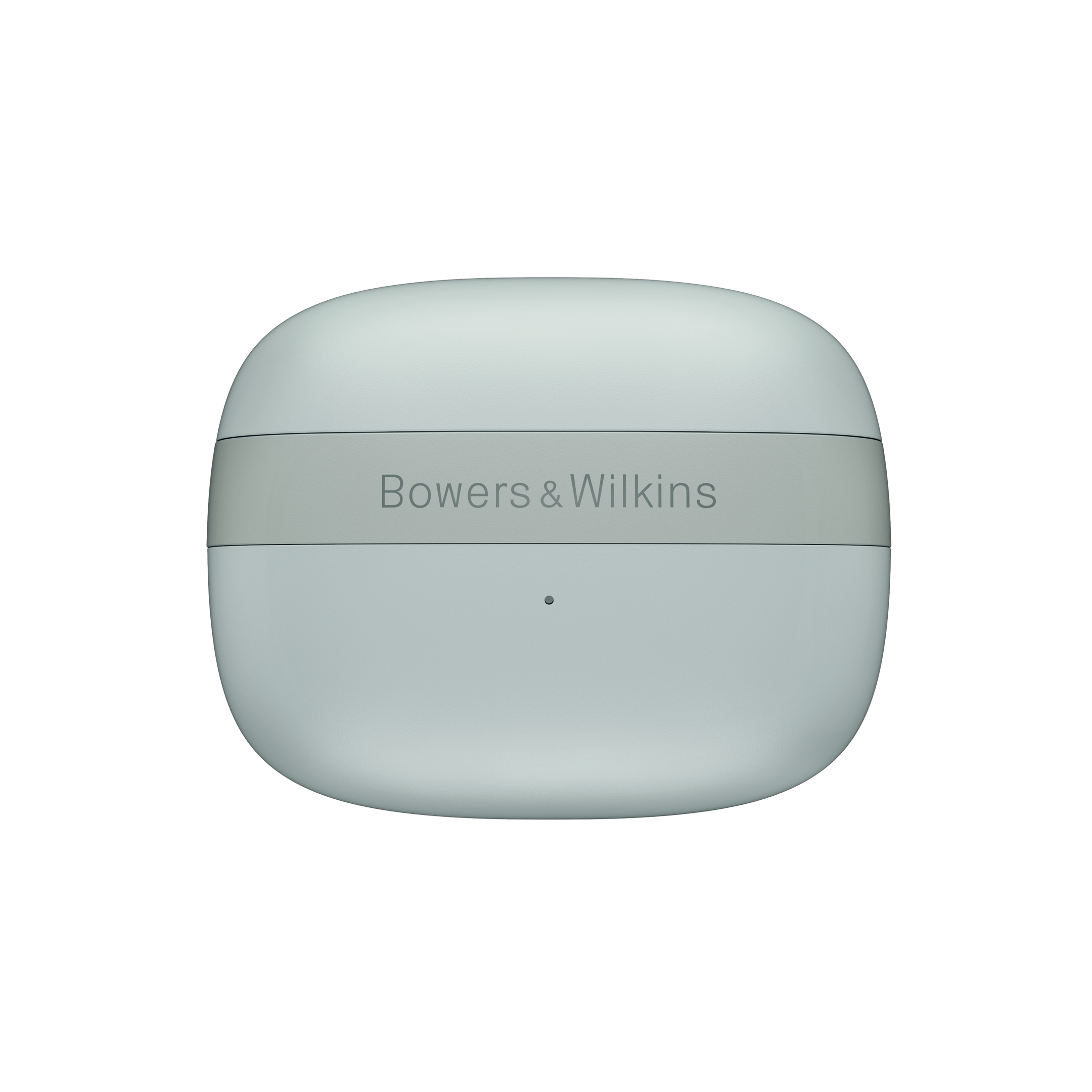 Weißes Ohrhörer-Ladecase mit Bowers & Wilkins-Markenzeichen.