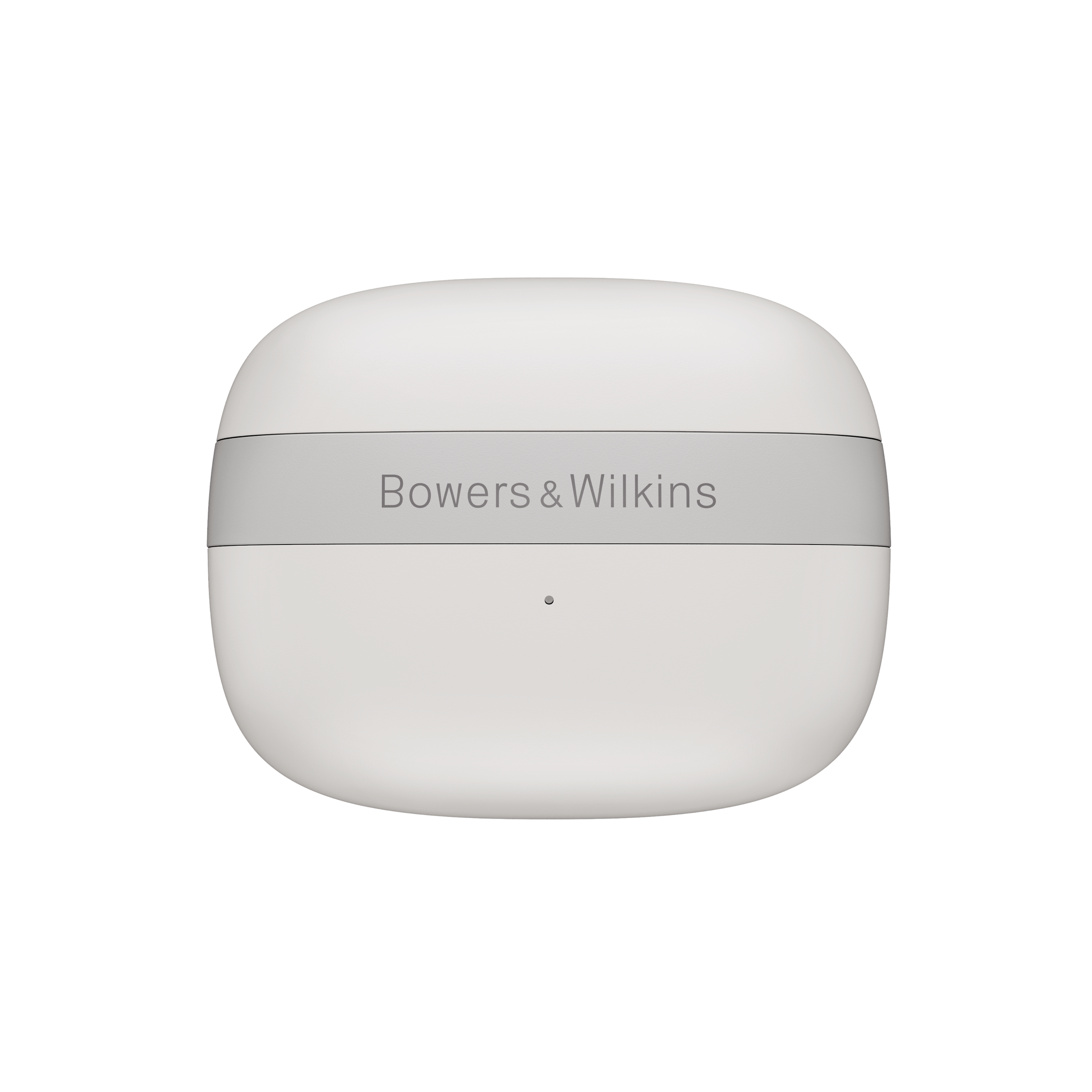 Weißes Ladeetui für kabellose Ohrhörer mit dem Markennamen 'Bowers & Wilkins'.