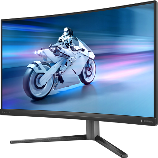 Egy nagy számítógép monitor futurisztikus motoros jelenetet mutat egy versenyzővel. A monitor fekete.