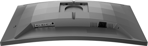 Szürke monitor hátulja, látható portokkal és tápbemenettel. Ívelt design.