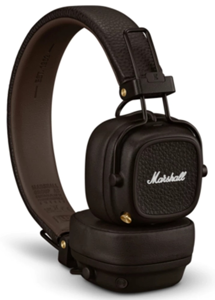 Czarne słuchawki Marshall. Brązowe nauszniki i pałąk. Białe logo Marshall.
