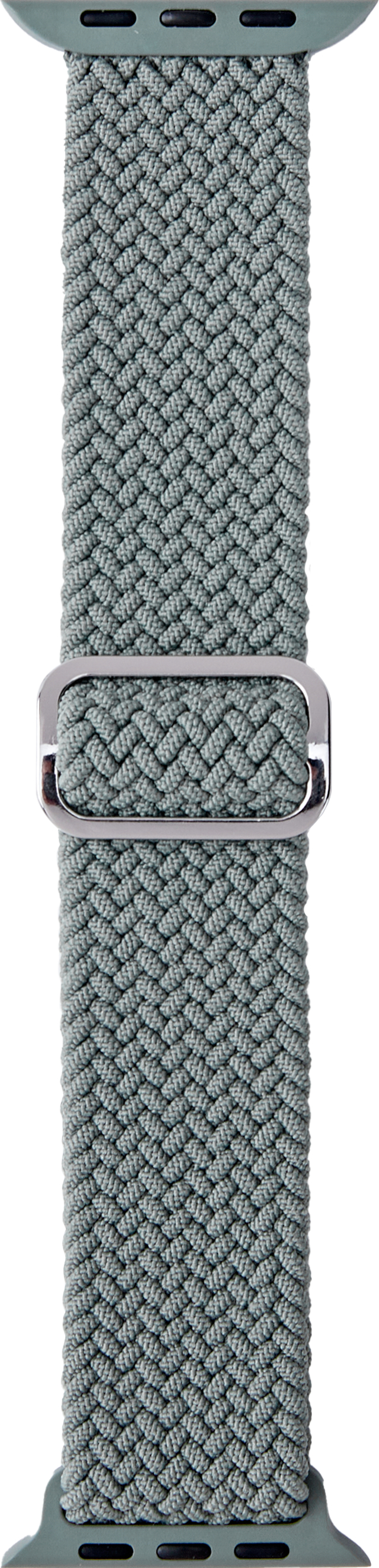 Ein geflochtenes Stoff-Uhrenarmband mit silberner Schnalle. Das Armband ist hellgrün.