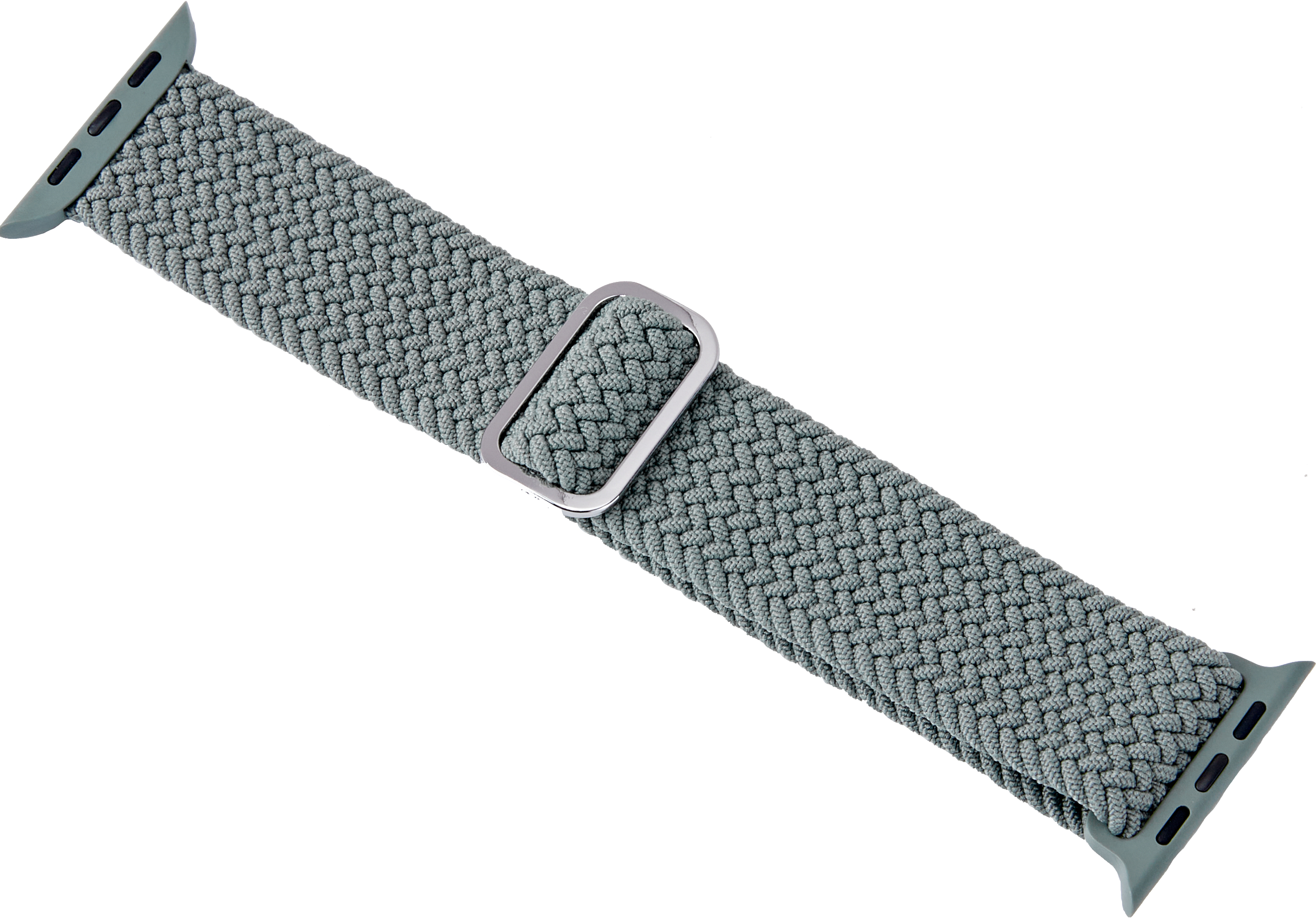 Geflochtenes graues Apple Watch Armband mit silberner Schnalle.