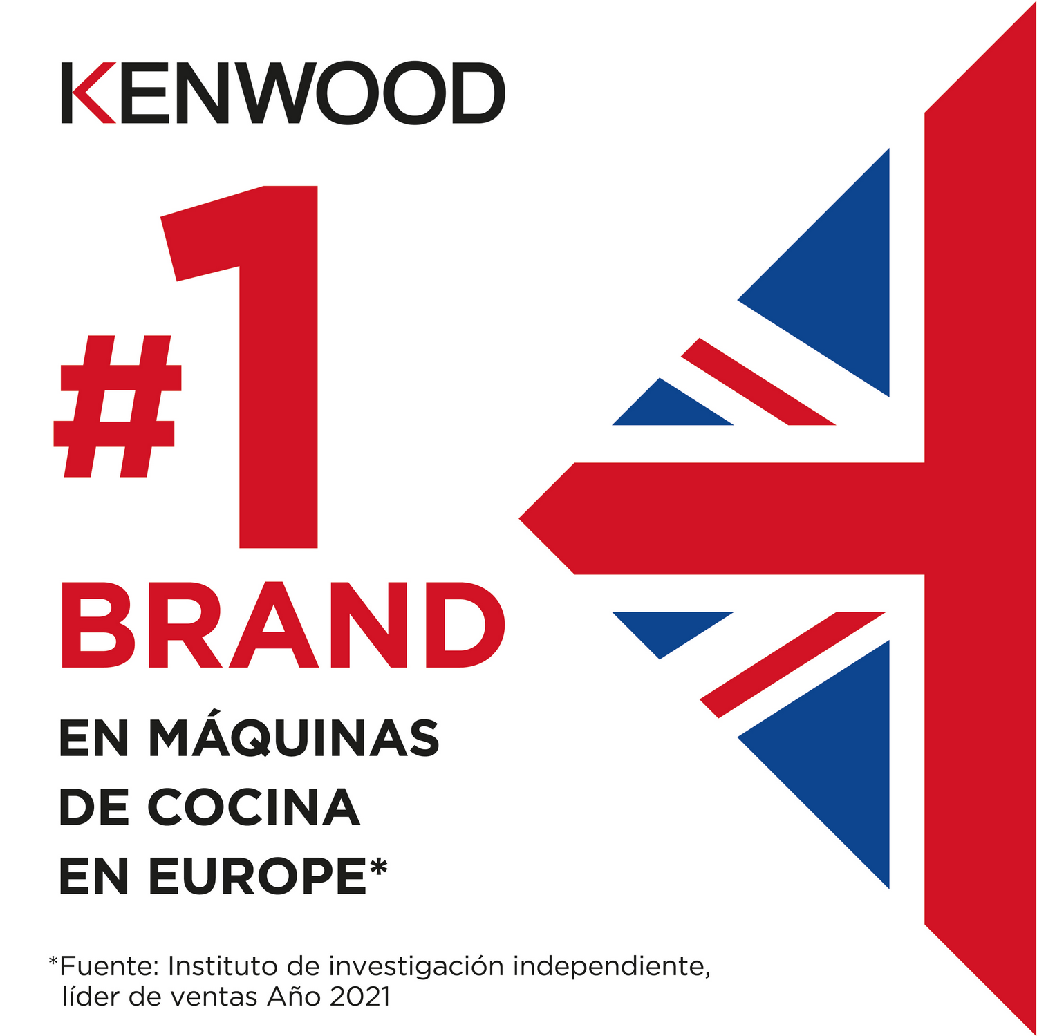 Logotipo Kenwood, número 1, marca y diseño de bandera del Reino Unido. Texto: EN MÁQUINAS DE COCINA EN EUROPE.
