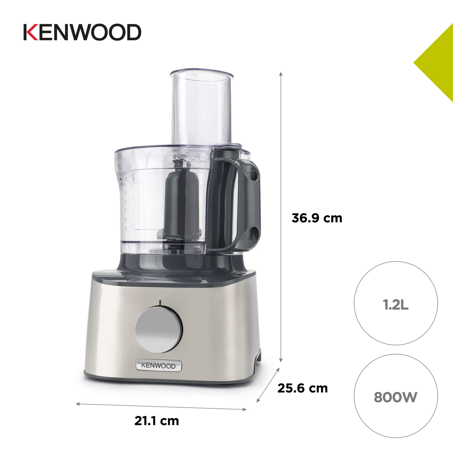 Un procesador de alimentos Kenwood plateado. Se muestran dimensiones de 21,1 cm, 25,6 cm y 36,9 cm.