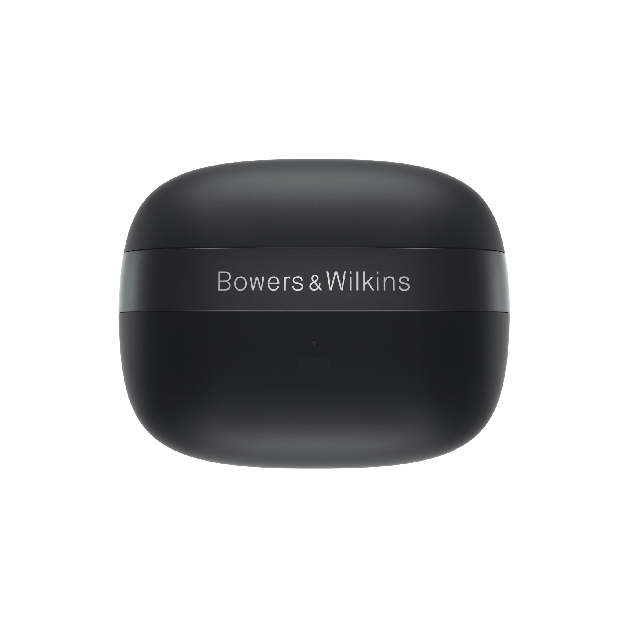 Schwarzes Bowers & Wilkins Kopfhörer-Ladecase. Silberner Text. Dunkler Hintergrund.