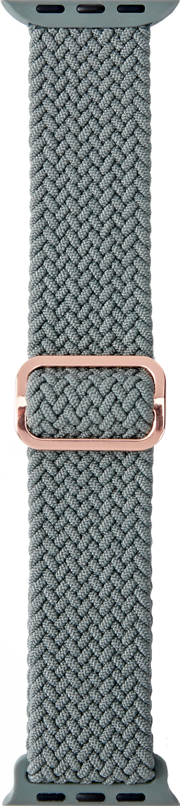Graues geflochtenes Uhrenarmband mit roségoldener Schließe. Das Armband besteht aus gewebtem Material.