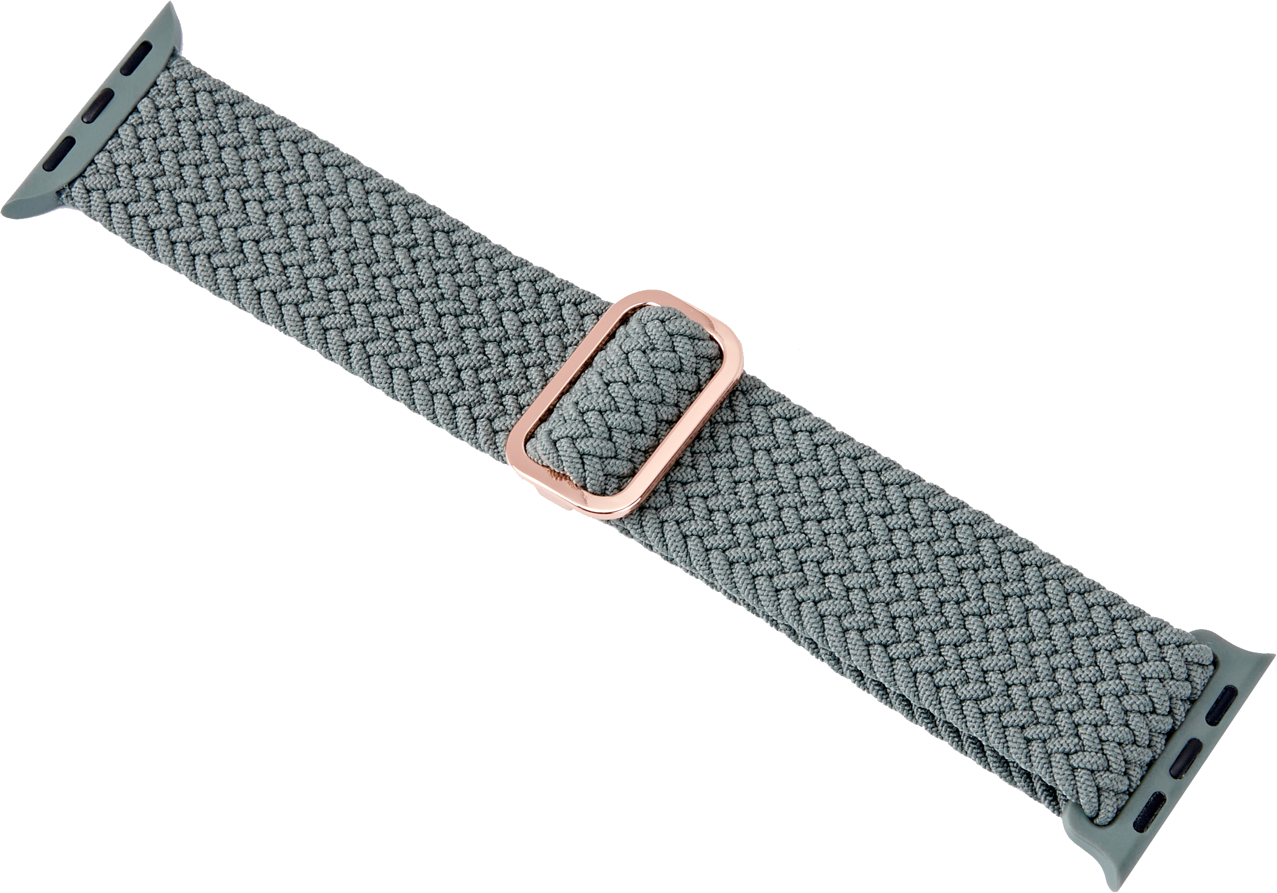 Ein graues und geflochtenes Uhrenarmband mit einer roségoldenen Schnalle auf weißem Grund.